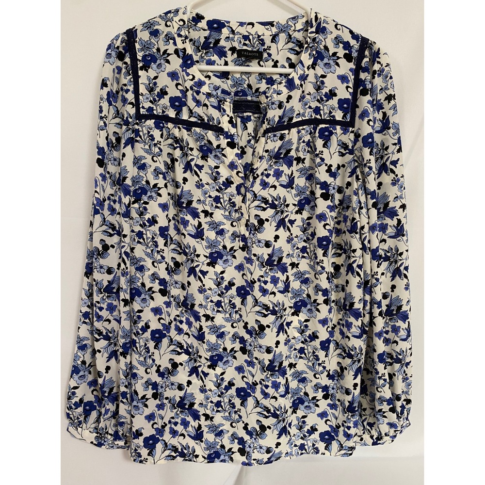 Talbots V-Neck Floral Blouse Top Long Sleeve Blue Black White Womens M